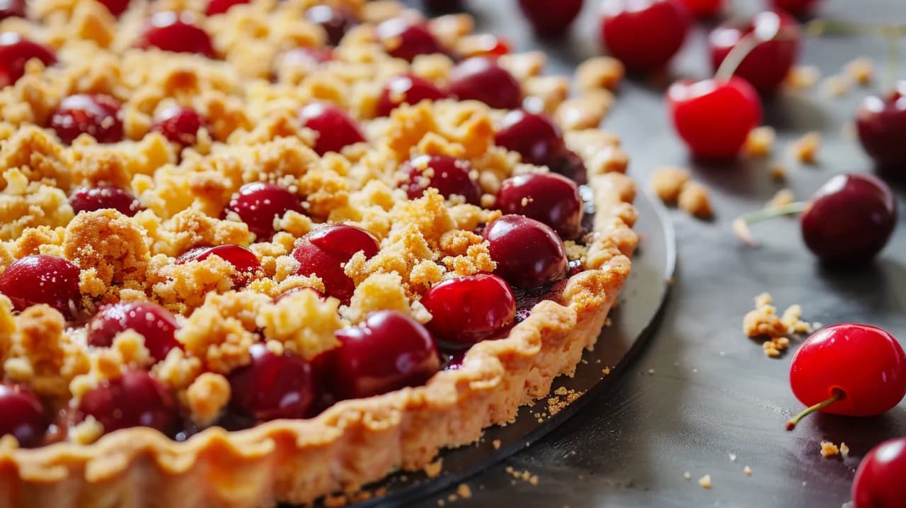 Kruche ciasto z wiśniami, morelami i kruszonką - letni przysmak