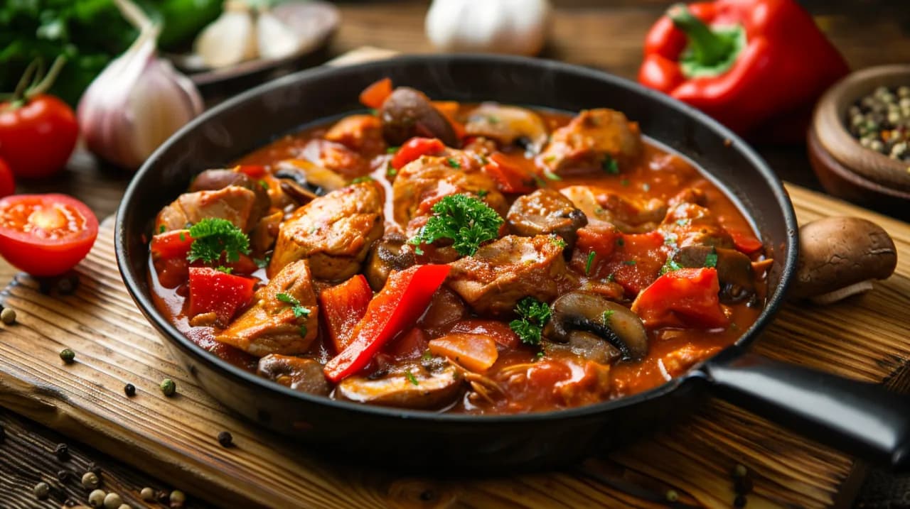 Gulasz węgierski z indyka z pieczarkami i papryką - przepis