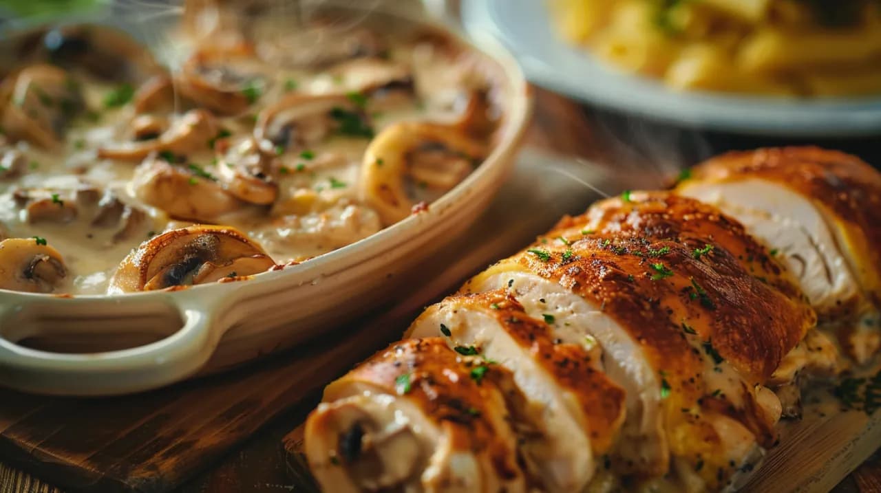 Zapiekanka lub rolada z kurczakiem, pieczarkami i serem - przepis