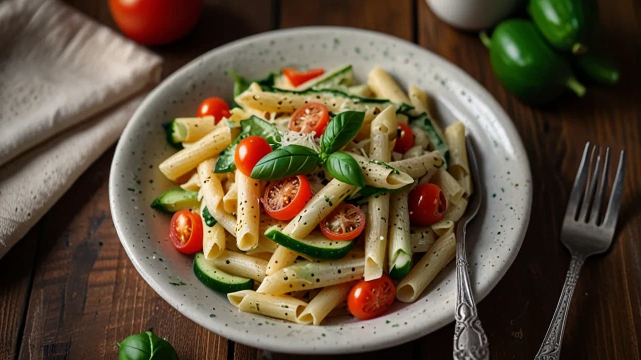 Szybki makaron z cukinią w kremowym sosie z pomidorami na obiad