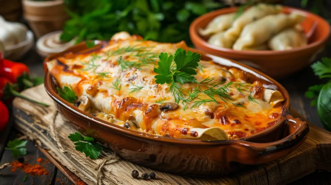 Enchilada lub pierogi z kurczakiem, serem i pieczarkami - pomysł na obiad