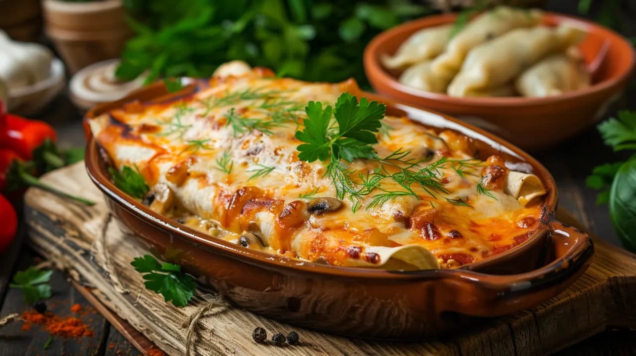 Enchilada lub pierogi z kurczakiem, serem i pieczarkami - pomysł na obiad